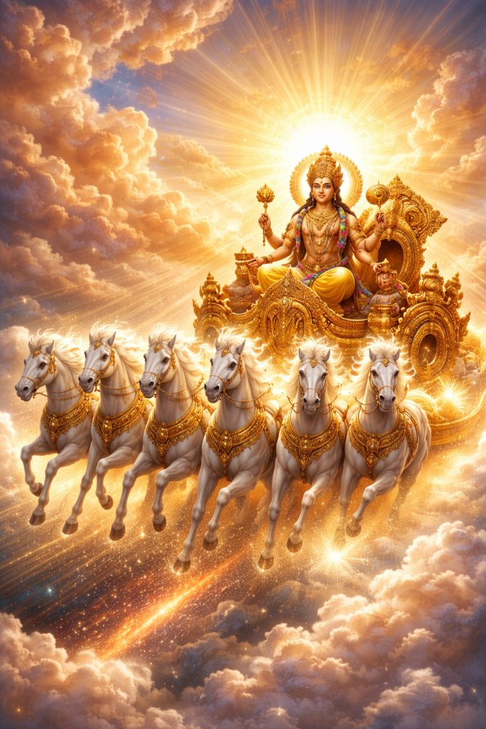 சூரியன் தங்கத் தேரில் ஏழு குதிரைகளுடன் பவனி